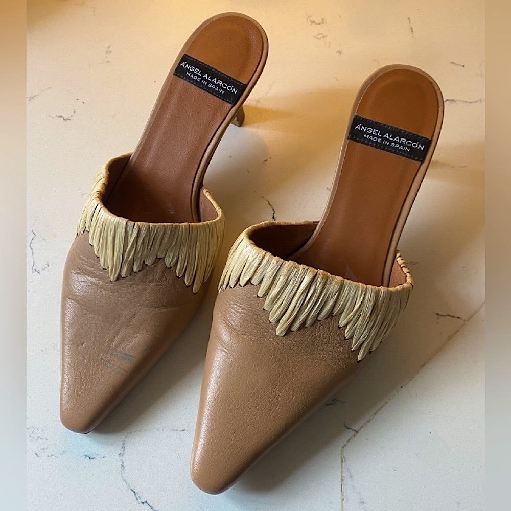 Tan leather mules from by Angel Alarcon